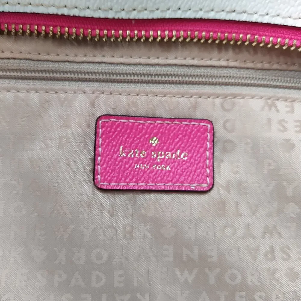 Kate Spade Pink Stripe Leather Trim Bow Double Handles Zipper Tote Shoulder Bag